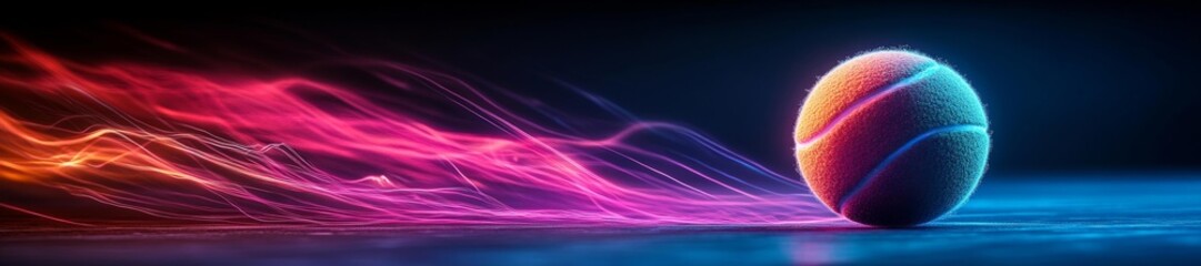 Abstract motion image of tennis ball with colorful glowing trails. Generative AI