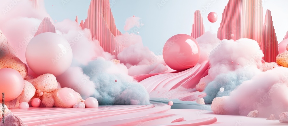 Leinwandbilder pastel pink and blue surreal landscape with soft spheres and billowing clouds creating a dreamlike a