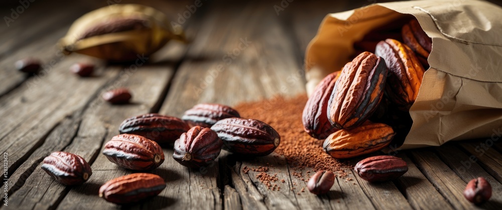Poster cocoa beans spilled from paper bag on rustic wooden table with cocoa powder and whole beans scattere