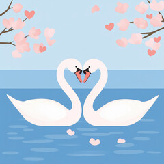 Fototapeta premium Kissing swans in pond with pink and blue hues, romantic scene