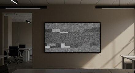 Static on a television screen in an empty business signifying inactivity and silence