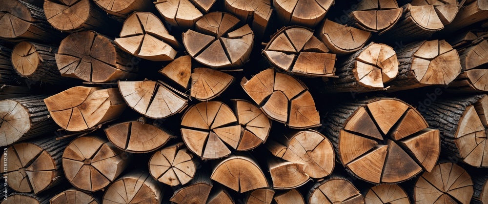Poster chopped firewood pile with circular cross-sections arranged neatly showcasing texture and color natu