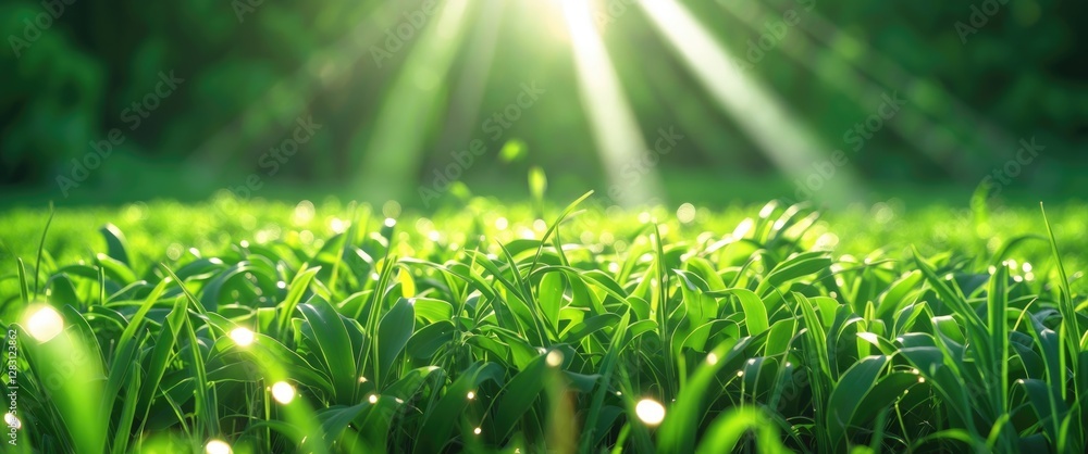 Poster lush green grass field illuminated by sunlight rays with soft focus creating a serene and vibrant na