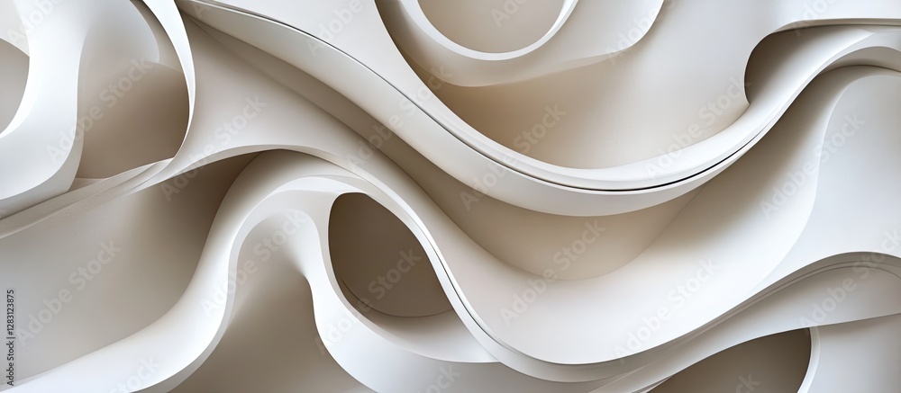 Poster Abstract design of smooth white curves and swirls creating a dynamic surface of fluidity and motion with layered textures and soft shadows.