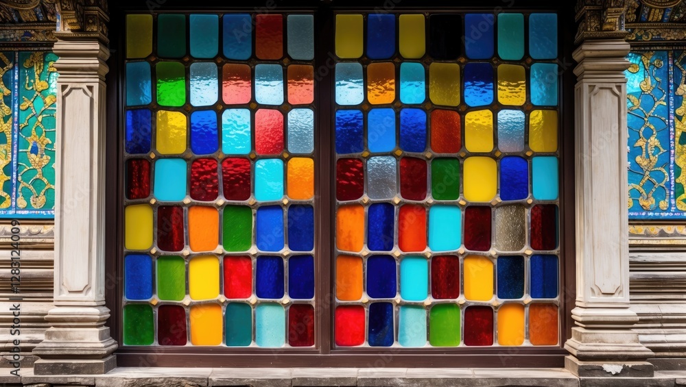 Poster colorful stained glass window with geometric patterns set in ornate architectural frame