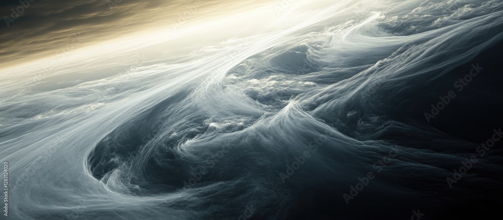 Poster Dramatic swirling cirrus clouds in a soft gray and white color palette against a muted golden sky creating a serene yet mysterious atmosphere.