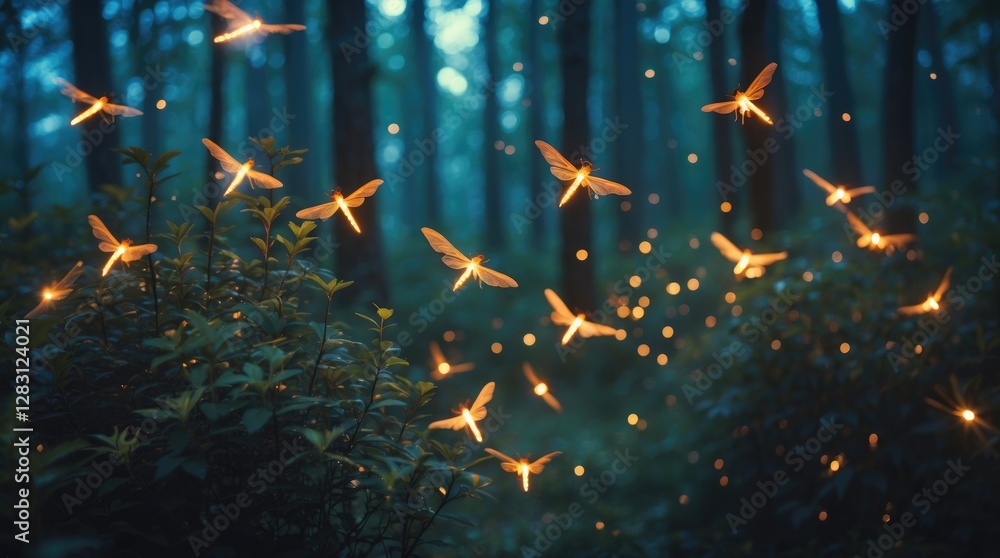Poster magical forest scene with fireflies at night creating an enchanting atmosphere through long exposure