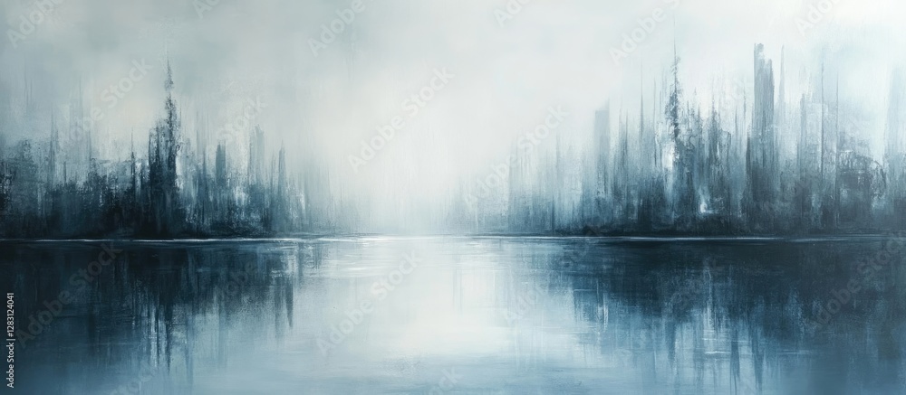 Aufkleber mystical blue and grey landscape with foggy water reflection and abstract silhouettes of trees in th