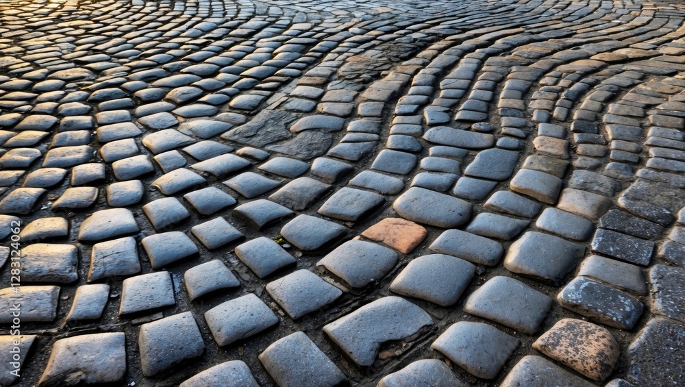 Poster cobblestone pavement with intricate patterns and textures in warm sunlight showcasing an urban lands