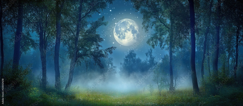 Poster Moonlit forest scene with tall dark trees, a bright full moon glowing through mist, and a mystical blue atmosphere creating an enchanting ambiance.
