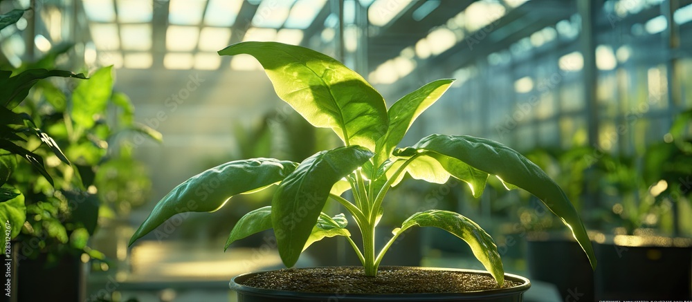 Poster 3d visualization of a vibrant green plant with large leaves in a greenhouse setting featuring soft s
