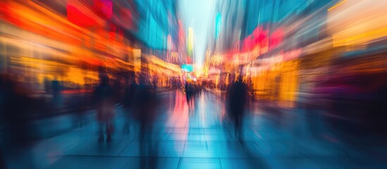 Naklejka premium Vibrant abstract street scene with blurred city lights in hues of blue, orange, and red, conveying an artistic, dynamic motion effect.