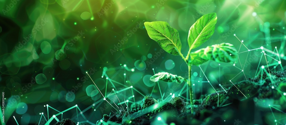 Poster Young sprout emerging from dark soil on left with lush green organic digital background featuring abstract shapes and copy space on right side