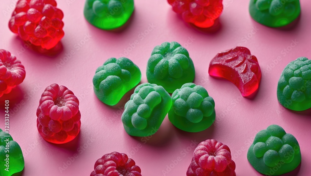 Poster colorful gummy candies in raspberry shapes arranged on a pink background with a few pieces broken an