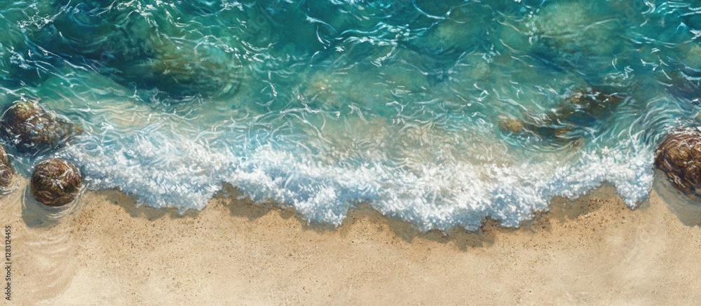 Poster aerial view of turquoise ocean waves gently crashing on sandy beach with rocks visible in the clear 