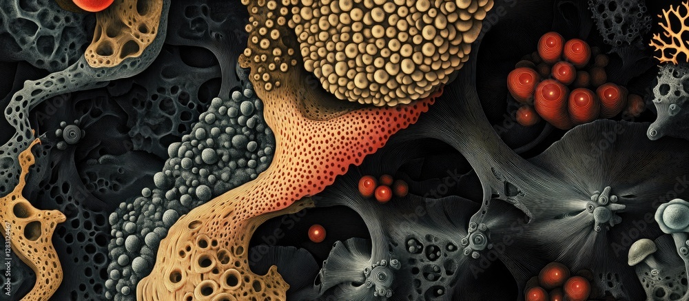 Poster abstract microscopic view showcasing intricate organic textures in shades of black, orange, and red,