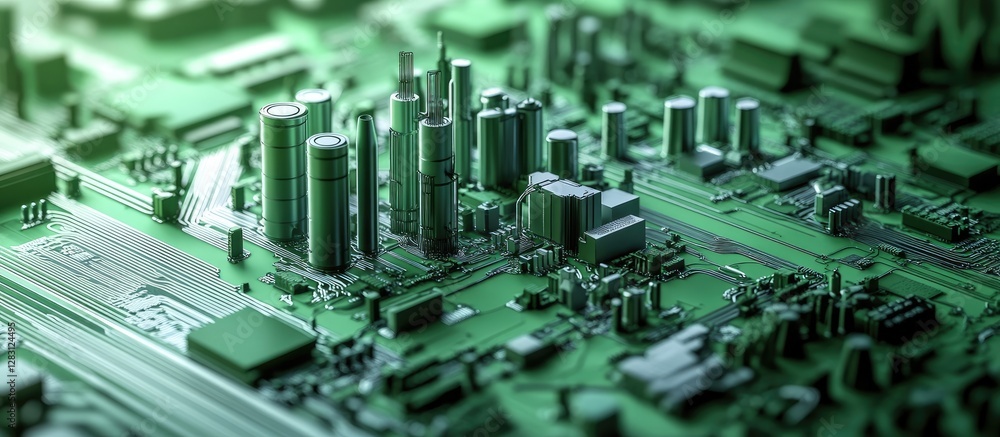 Fototapete Futuristic cityscape on a green circuit board with towering structures and a soft focus, emphasizing technology and innovation.
