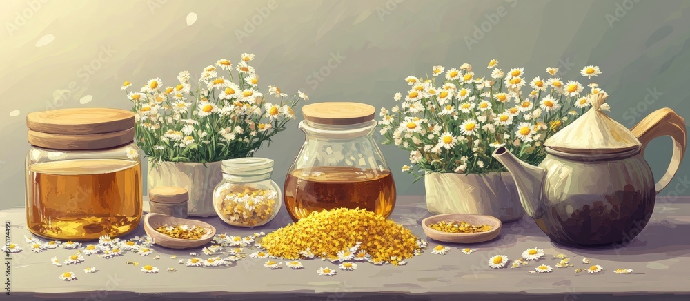 Poster herbal tea ingredients and dried flowers arranged on a wooden surface featuring jars and a teapot di