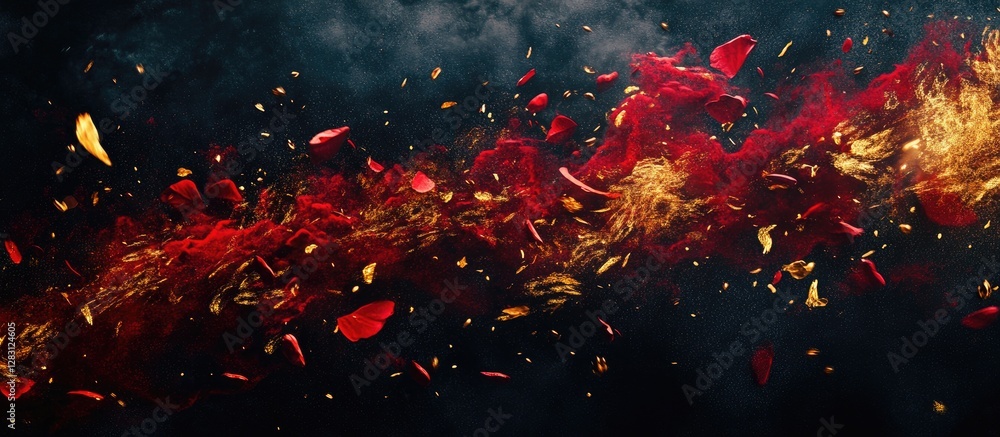 Aufkleber vibrant red and gold particles explode against a dark, smoky background, creating a dynamic, abstrac
