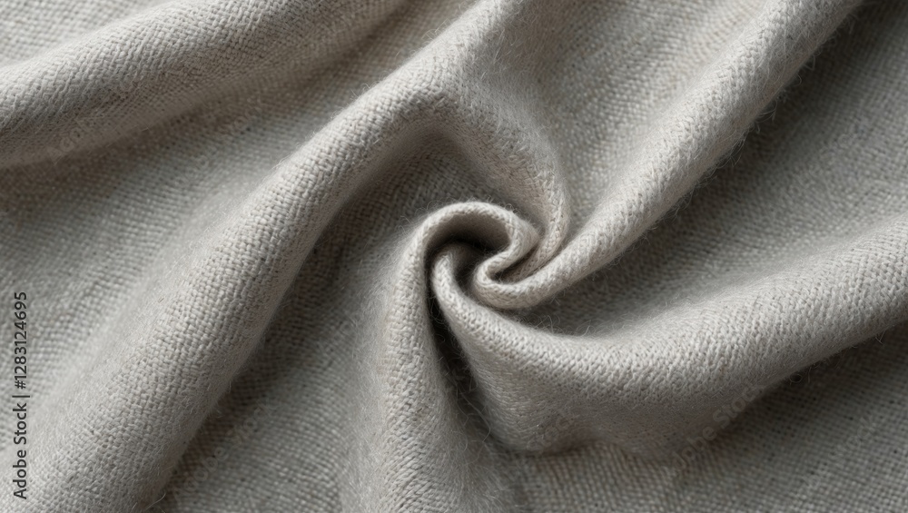 Poster close-up of textured grey linen fabric with a spiral shape showcasing folds and softness in natural 