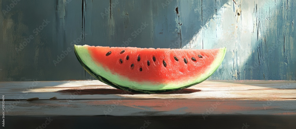 Poster fresh watermelon slice positioned on rustic wooden surface with a faded blue background illuminated 