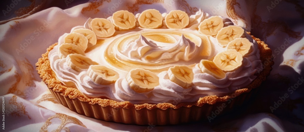 Poster delicious banana cream pie with fluffy whipped cream and fresh banana slices arranged on top against