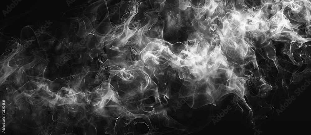 Fototapete Abstract swirling white smoke texture on a dark black background with fluid movement showcasing the dynamic interplay of light and shadow.
