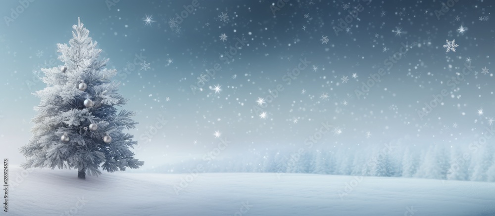 Poster winter landscape featuring a solitary snow-covered tree on the right against a soft blue gradient ba