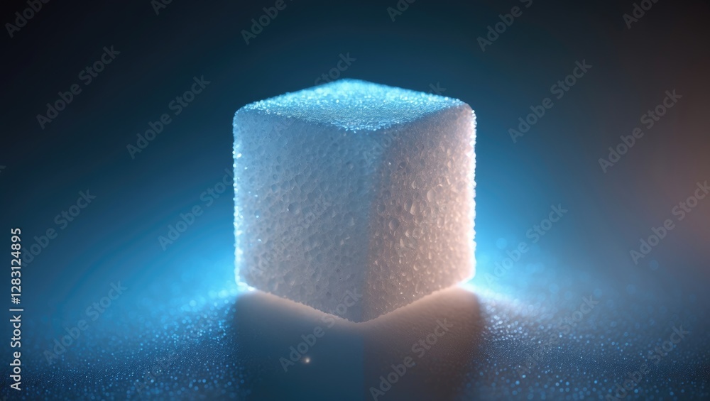 Poster illuminated sugar cube with condensation against a dark background showcasing texture and reflection