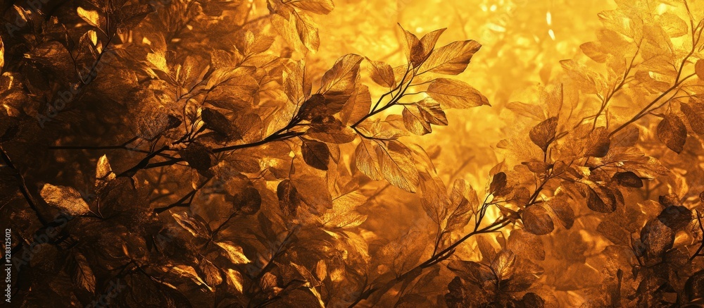Aufkleber Autumn leaves illuminated by soft golden sunlight with blurred warm-toned trees in the background creating a serene fall atmosphere