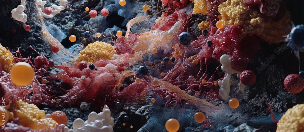 Aufkleber colorful abstract organic patterns with red, yellow, blue, and white elements in fluid motion, creat