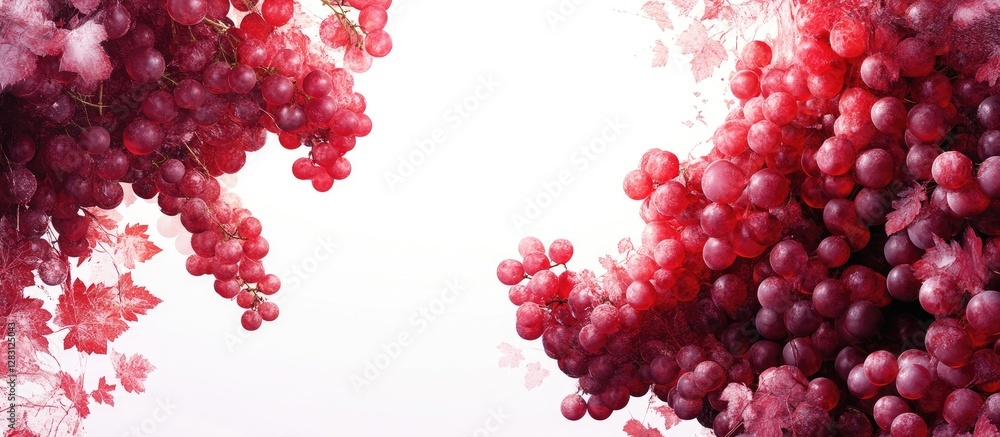Poster vibrant red grapes clustered around the edges on a pure white background, showcasing a striking cont