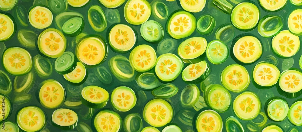 Aufkleber top down view of fresh cucumber slices in varying shades of green and yellow against a vibrant green