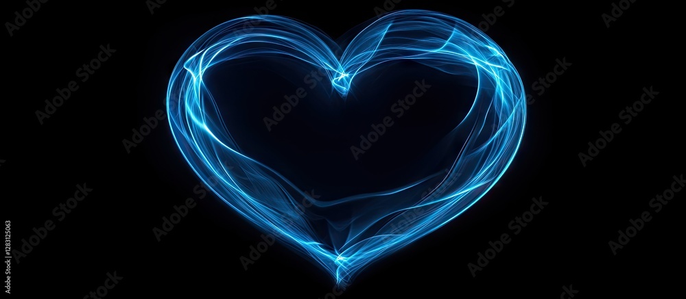Fototapete Vibrant glowing blue heart shape on a black background formed by a luminous trail creating an abstract, luminous design with flowing curves.