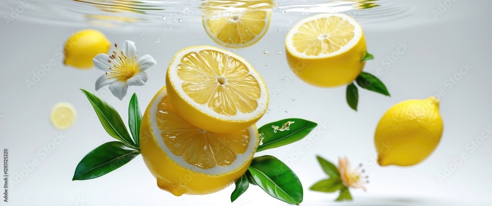 Poster fresh lemons and slices cascading in water with leaves and flowers, creating a vibrant and refreshin