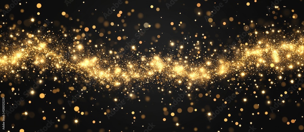 Leinwandbilder Elegant golden glitter particles scattered across a deep black background creating a magical atmosphere with shimmering effects in the center.