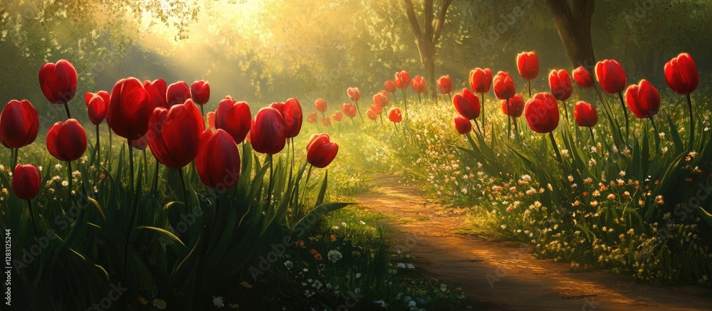 Poster Vibrant red tulips blooming in a sunlit meadow with soft sunlight filtering through trees creating a serene and picturesque landscape scene.