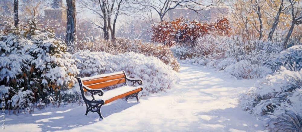 Poster snow-covered park bench in a winter garden surrounded by frosted trees and shrubs, creating a serene