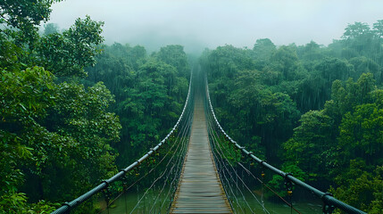 Obraz premium Suspension Bridge Through Lush Green Forest During Rainy Weather with Misty Atmosphere
