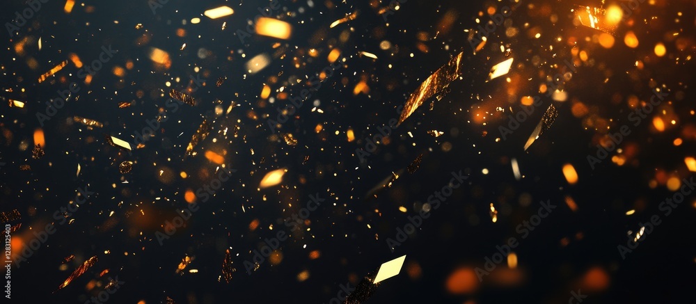 Poster golden sparkles and shimmering particles on a dark background, capturing a sense of magic and wonder