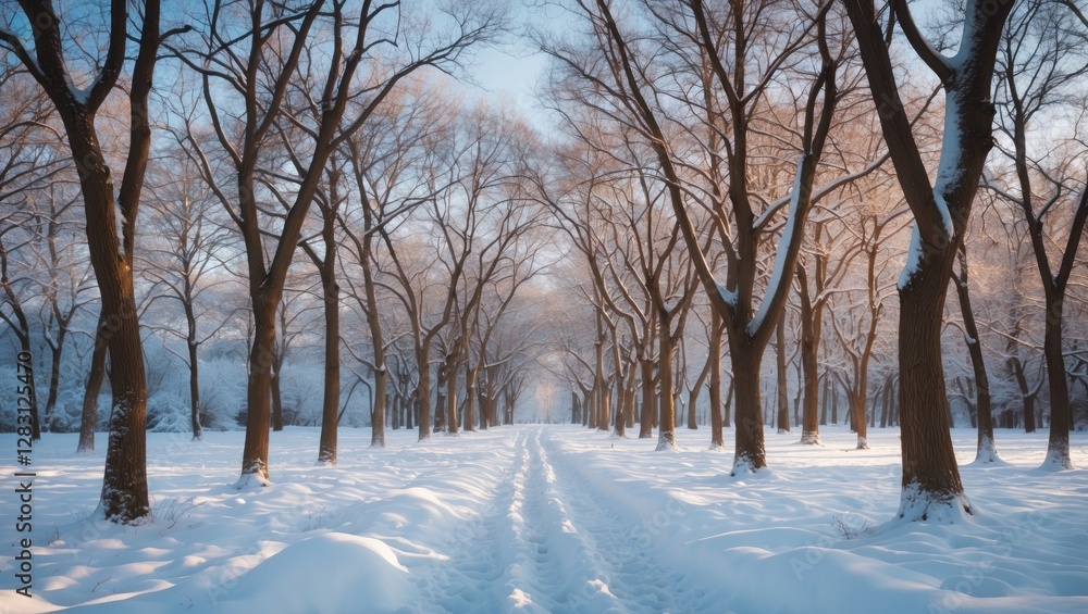 Poster snow-covered pathway through a tree-lined park during winter with soft sunlight filtering through br