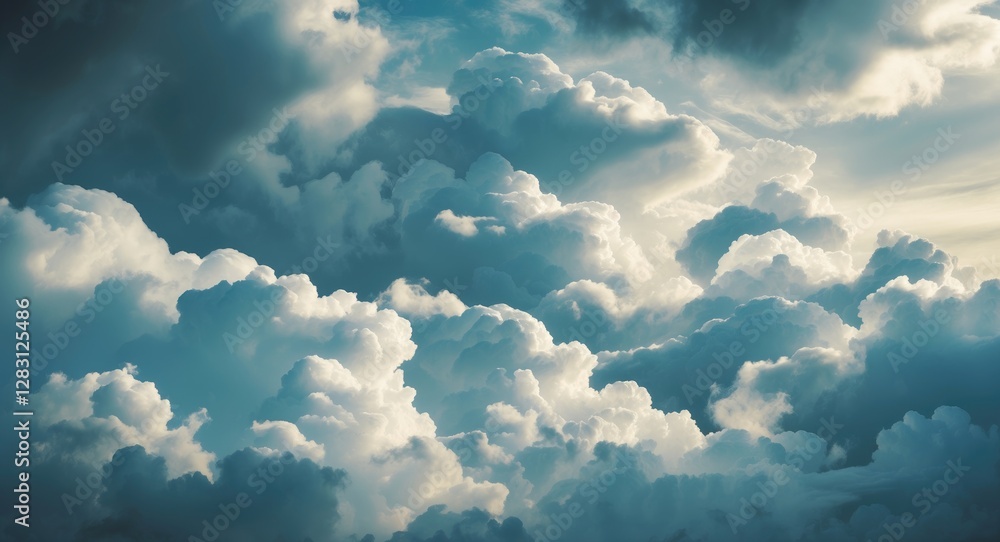 Poster dramatic sky with dense clouds illuminated by soft sunlight creating a texture of various shades of 