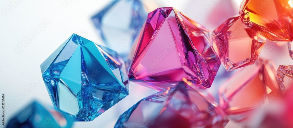 Aufkleber Colorful geometric shapes in pink blue and orange arranged dynamically on a soft white background creating an abstract artistic effect