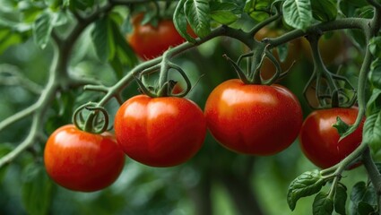 Ripe red tomatoes growing on vine surrounded by green leaves in a garden setting. Fresh produce concept.