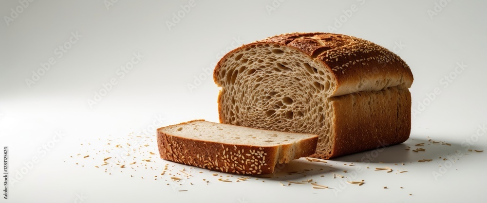 Poster freshly sliced soft rye bread loaf on a clean white background with sesame seeds showcasing texture 