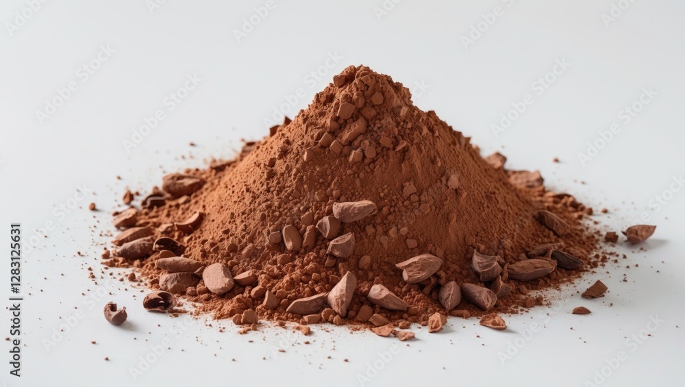 Poster cocoa powder heap with cocoa beans on white background in food photography setting