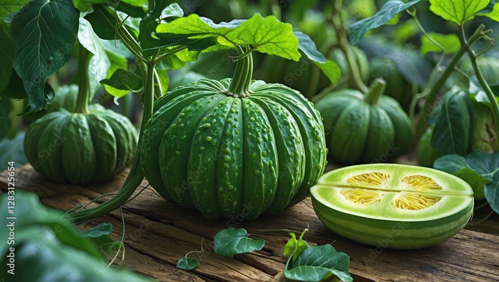 Poster bitter melon displayed in a lush garden setting with vibrant green foliage showcasing its unique tex