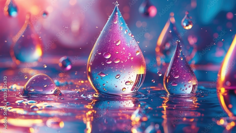 Poster colorful water droplets on a reflective surface with a blurred abstract background and light refract