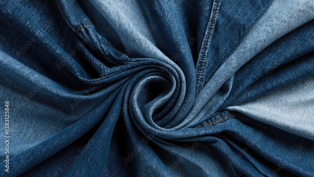 Aufkleber denim fabric swirls in a circular pattern displaying various shades of blue and texture details in a