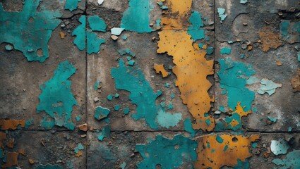 Fototapeta premium Textured surface with peeling paint in turquoise, yellow and brown hues on a concrete wall, showing signs of decay and weathering.